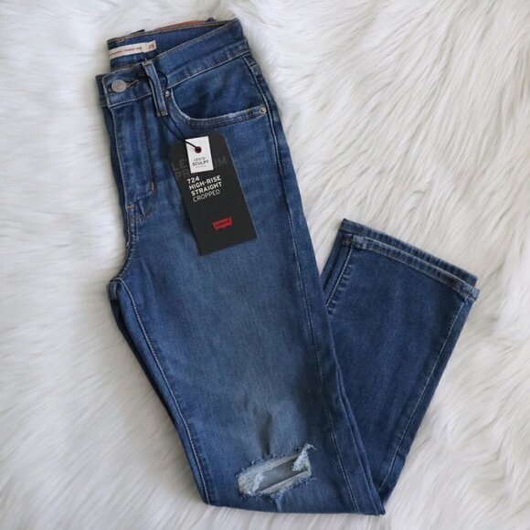 NEW Levi's 724 High Rise Straight Crop Ripped Jeans Size 25 - Picture 2 of 9